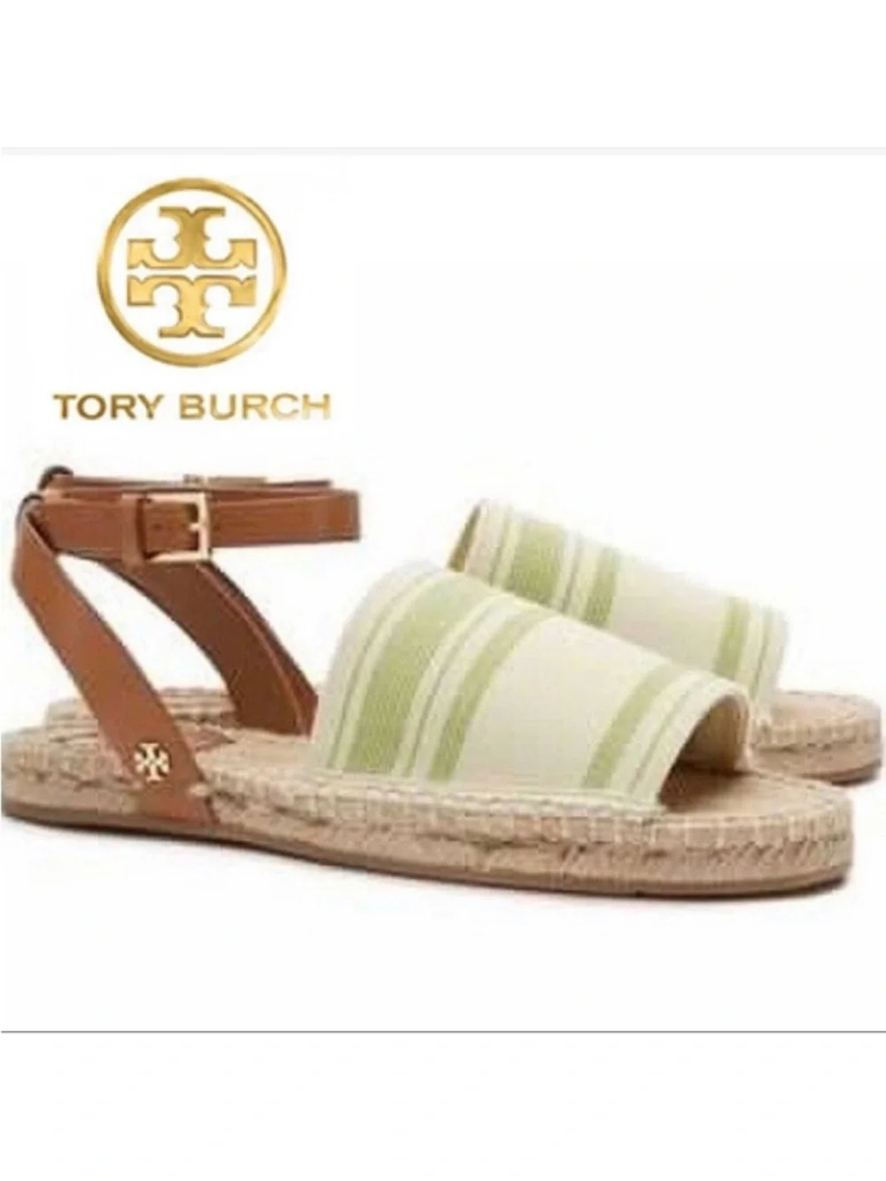 TORY BURCH Elastic Awning Stripe Espadrille Sandal Green Ivory Brown Size 6.5
